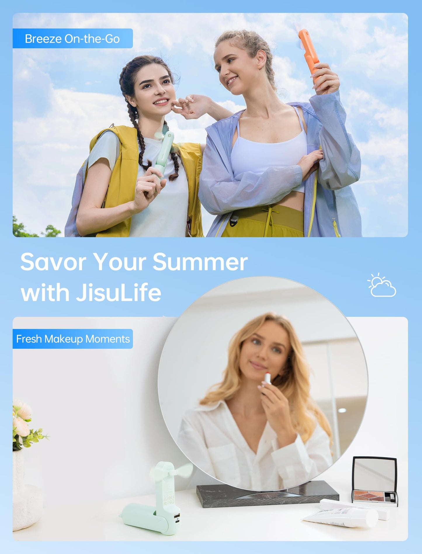 JISULIFE 3 IN 1 Handheld Mini Fan - Portable Fan & Power Bank & Flashlight, 19H Max Cooling, USB Rechargeable, Pocket-Sized for Travel, Cruise, Concerts, Makeup, 2026 Summer Gifts for Women(Pink)