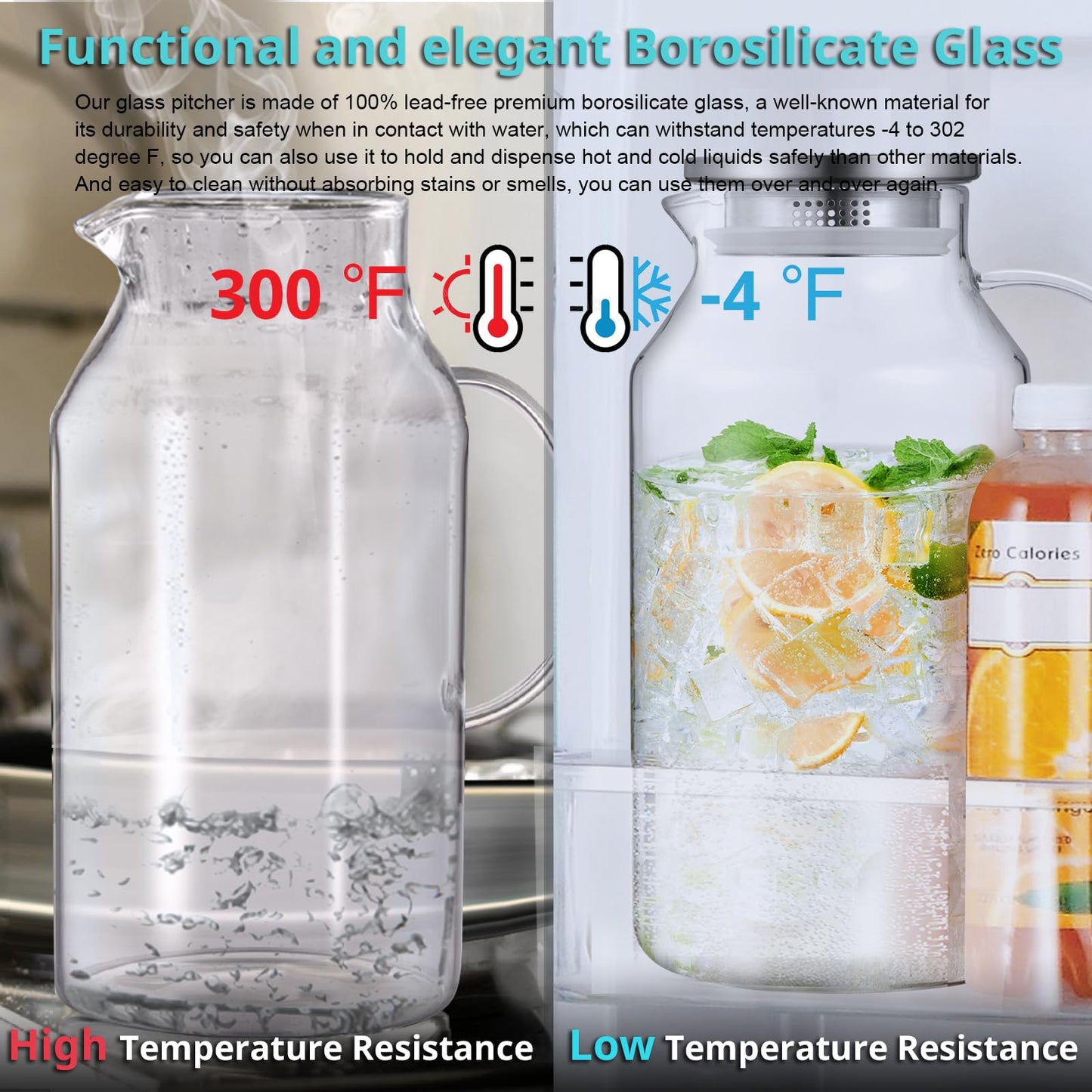 Bivvclaz 2 Liter 68 oz Gold Glass Pitcher with Lid and Handle, Glass Carafe for Hot/Cold Water, Large Iced Tea Pitcher for Coffee, Juice and Homemade Beverage
