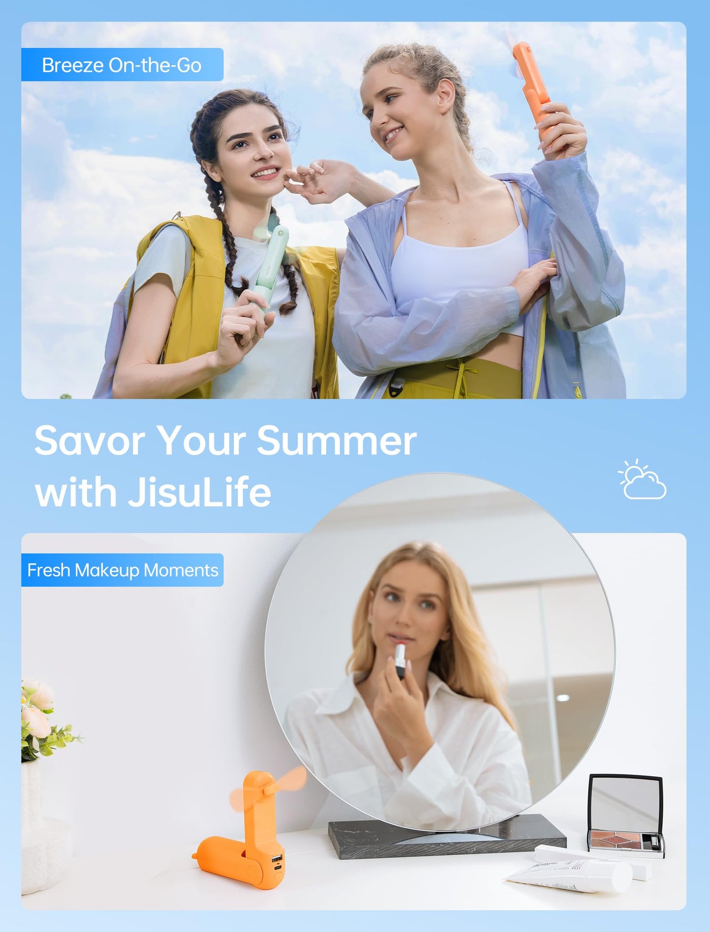 JISULIFE 3 IN 1 Handheld Mini Fan - Portable Fan & Power Bank & Flashlight, 19H Max Cooling, USB Rechargeable, Pocket-Sized for Travel, Cruise, Concerts, Makeup, 2026 Summer Gifts for Women(Pink)