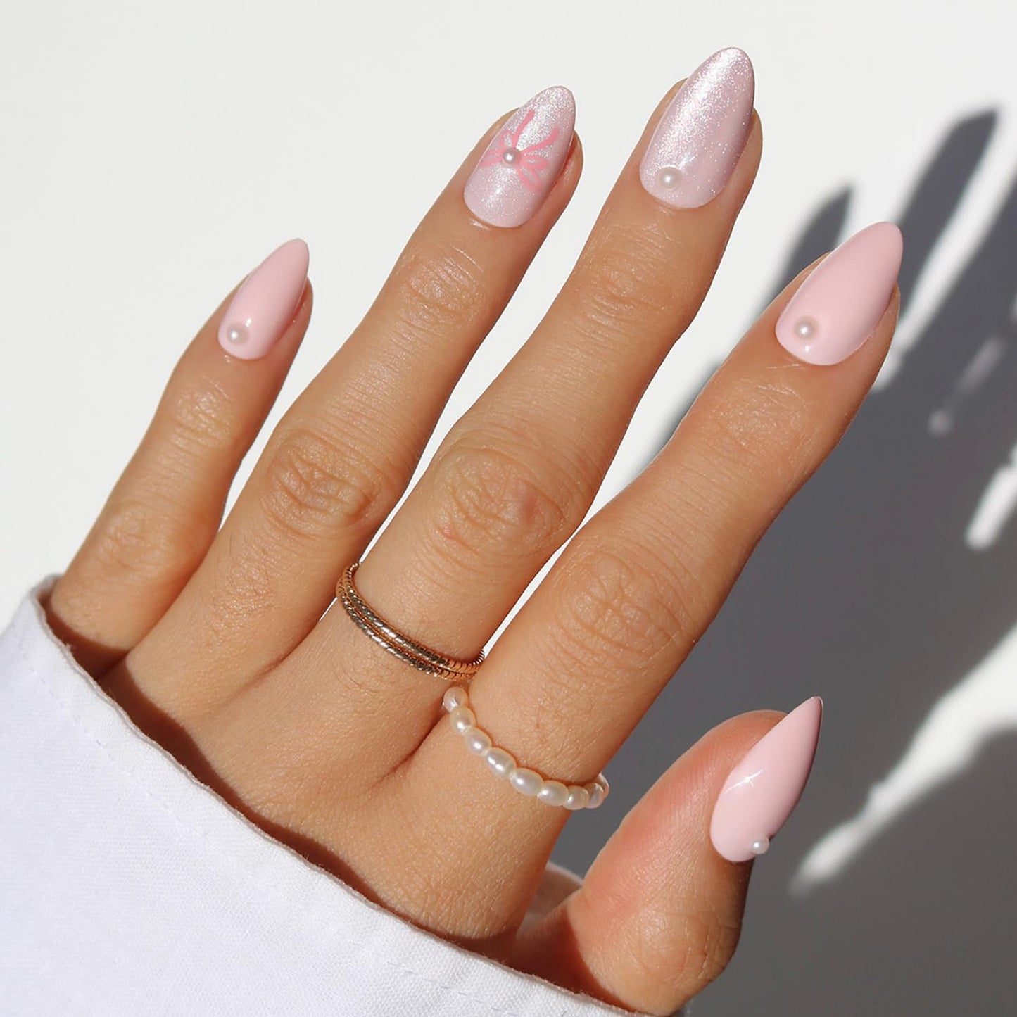 Glamnetic Press On Nails - All Time Love Spring Nails | Glossy, Semi-Transparent, Short Almond French Tip Fake Nails with Leaf Accents, Salon Quality | 15 Sizes - 30 Nail Kit with Glue