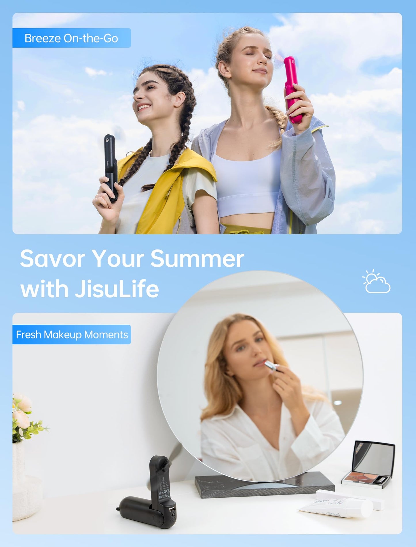 JISULIFE 3 IN 1 Handheld Mini Fan - Portable Fan & Power Bank & Flashlight, 19H Max Cooling, USB Rechargeable, Pocket-Sized for Travel, Cruise, Concerts, Makeup, 2026 Summer Gifts for Women(Pink)