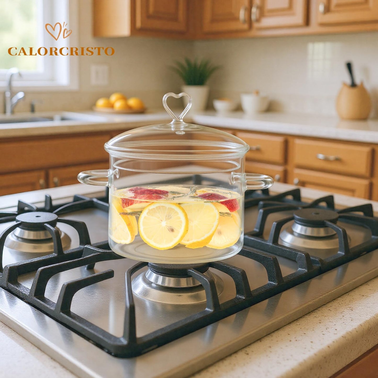 3 L Glass Cooking Pot with Lid, Save Energy, Heat Resistant | 3.2QT(3000ml) Glass Simmer Pot, Heart Shape Lid, Clear, Easy to Clean, BPA Free.