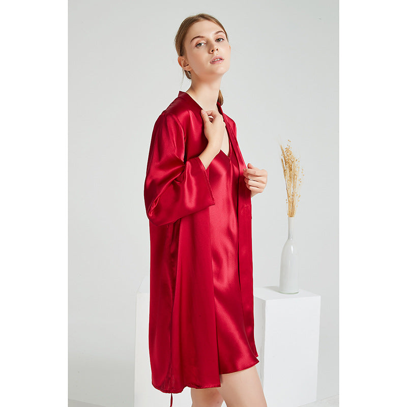 Embroidered mulberry silk robe and camisole set, view 9