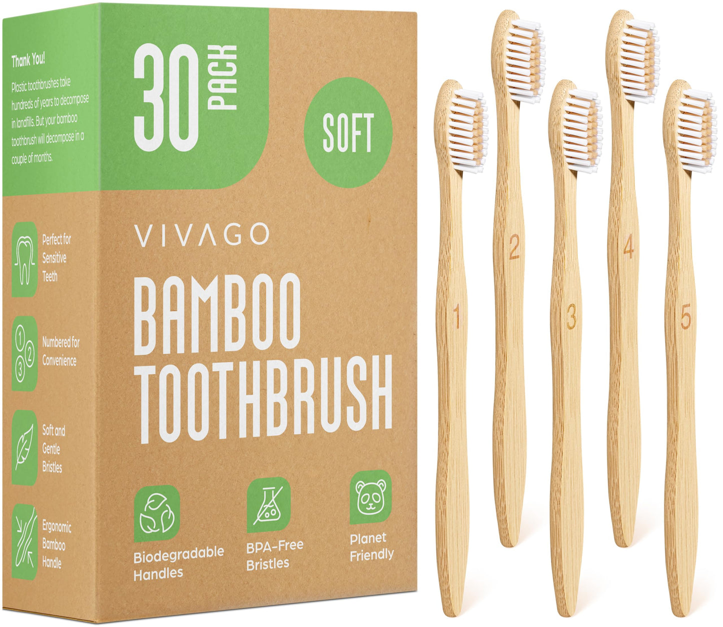 VIVAGO Bamboo Toothbrushes 10 Pack - BPA Free Soft Bristles Toothbrushes, Eco-Friendly, Natural Wooden Toothbrush