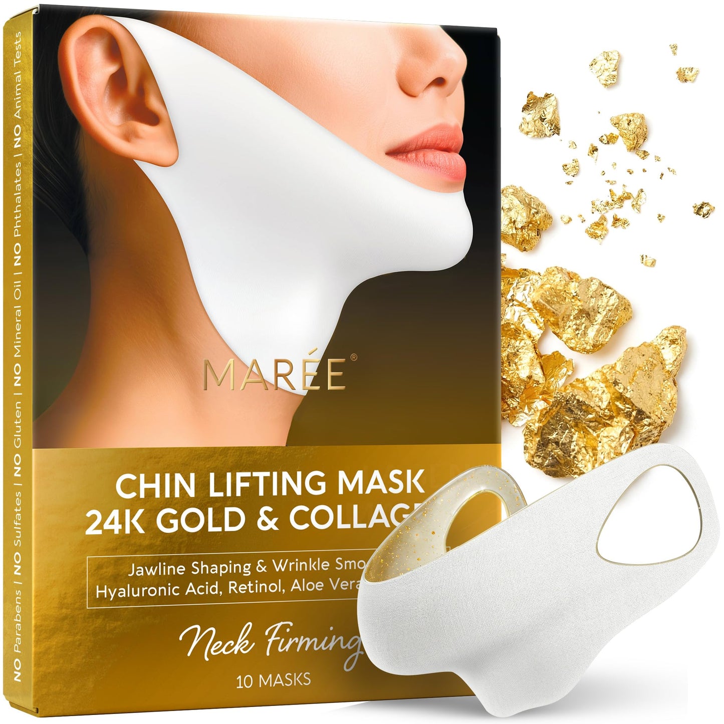 MAREE V Line Lifting Mask with 24K Gold – Deep Collagen Face Mask for Women – Jawline Shaper Mask with Retinol & Hyaluronic Acid – Neck Tightening & Firming - Double Chin Strap for Face Lift