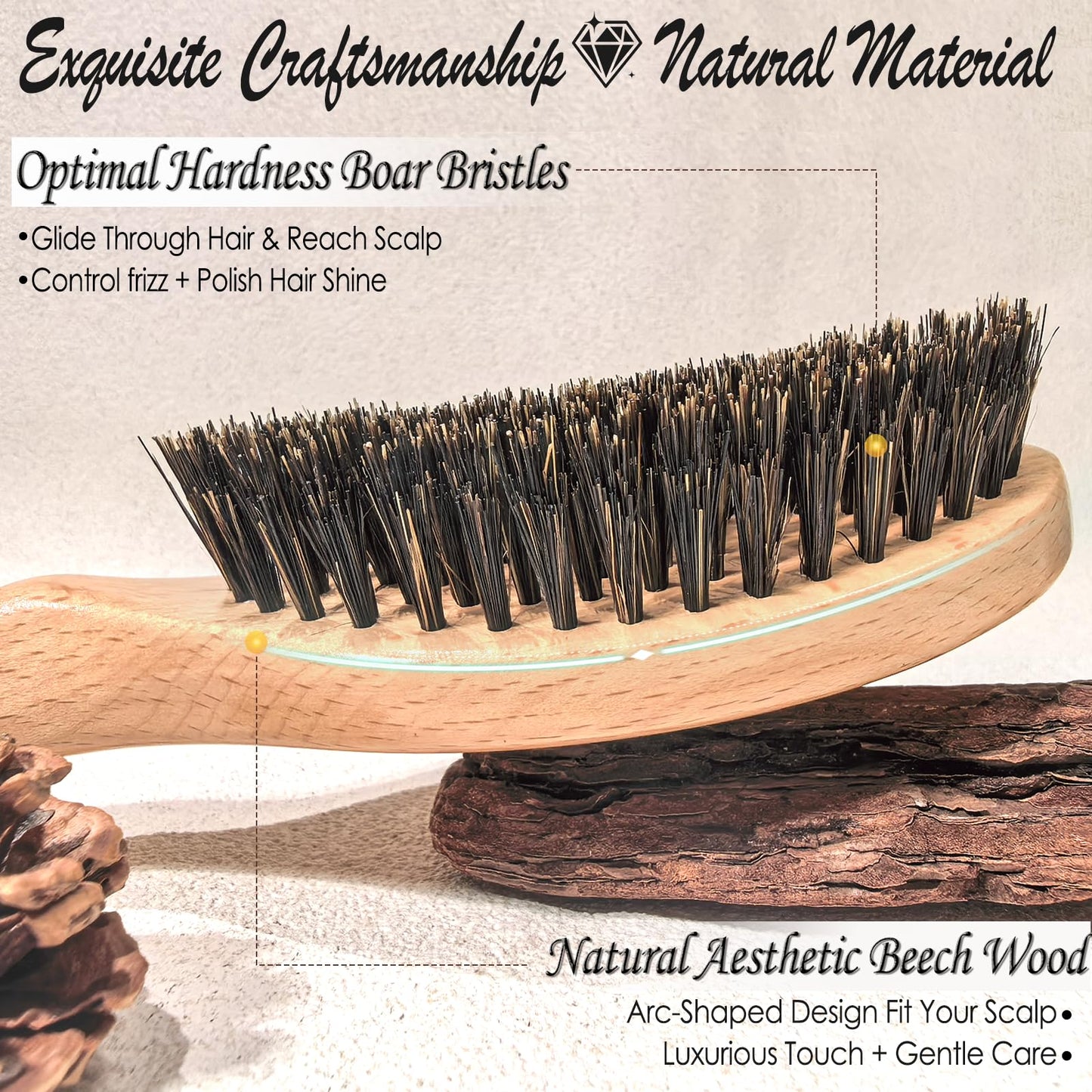 100% Pure Boar Bristle Hair Brush, Handmade Natural Wooden Slick Back Hairbrush for Thin Fine Hair, Gently Detangling Reduce Frizz Smooth Shine for Women Men Kids, Cleaning Comb&Travel Pouch Included