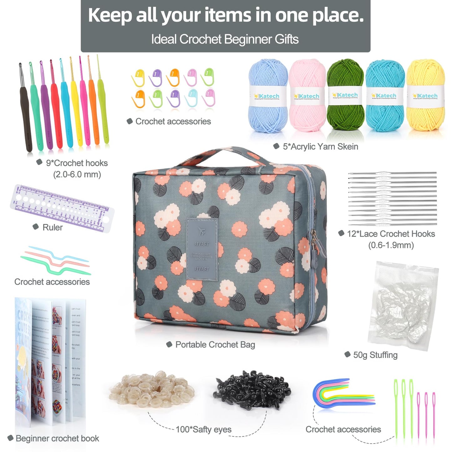 Katech Crochet Kit for Beginners, Beginner Crochet Kit for Adults-Crochet Kits Includes Crochet Hooks Knitting Bag Crochet Yarn for Crocheting Instruction Knitting Kit Crochet Supplies Gift