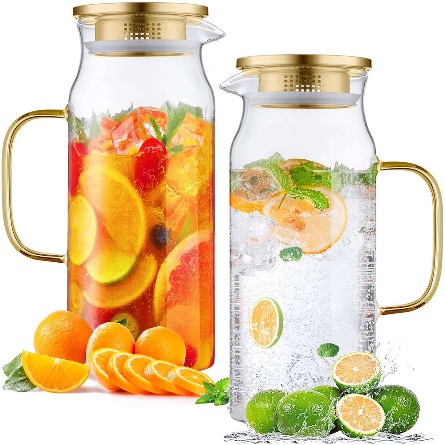 Bivvclaz 2 Liter 68 oz Gold Glass Pitcher with Lid and Handle, Glass Carafe for Hot/Cold Water, Large Iced Tea Pitcher for Coffee, Juice and Homemade Beverage