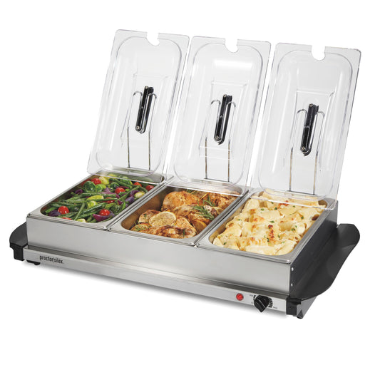 Proctor Silex Buffet Server & Food Warmer, Adjustable Heat, for Parties, Holidays and Entertaining, Three 2.5 Quart Oven-Safe Chafing Dish Set, Stainless Steel