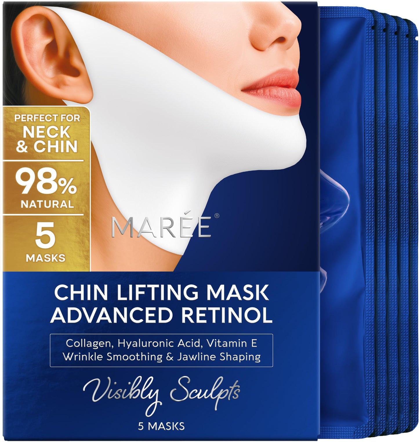 MAREE V Line Lifting Mask with 24K Gold – Deep Collagen Face Mask for Women – Jawline Shaper Mask with Retinol & Hyaluronic Acid – Neck Tightening & Firming - Double Chin Strap for Face Lift