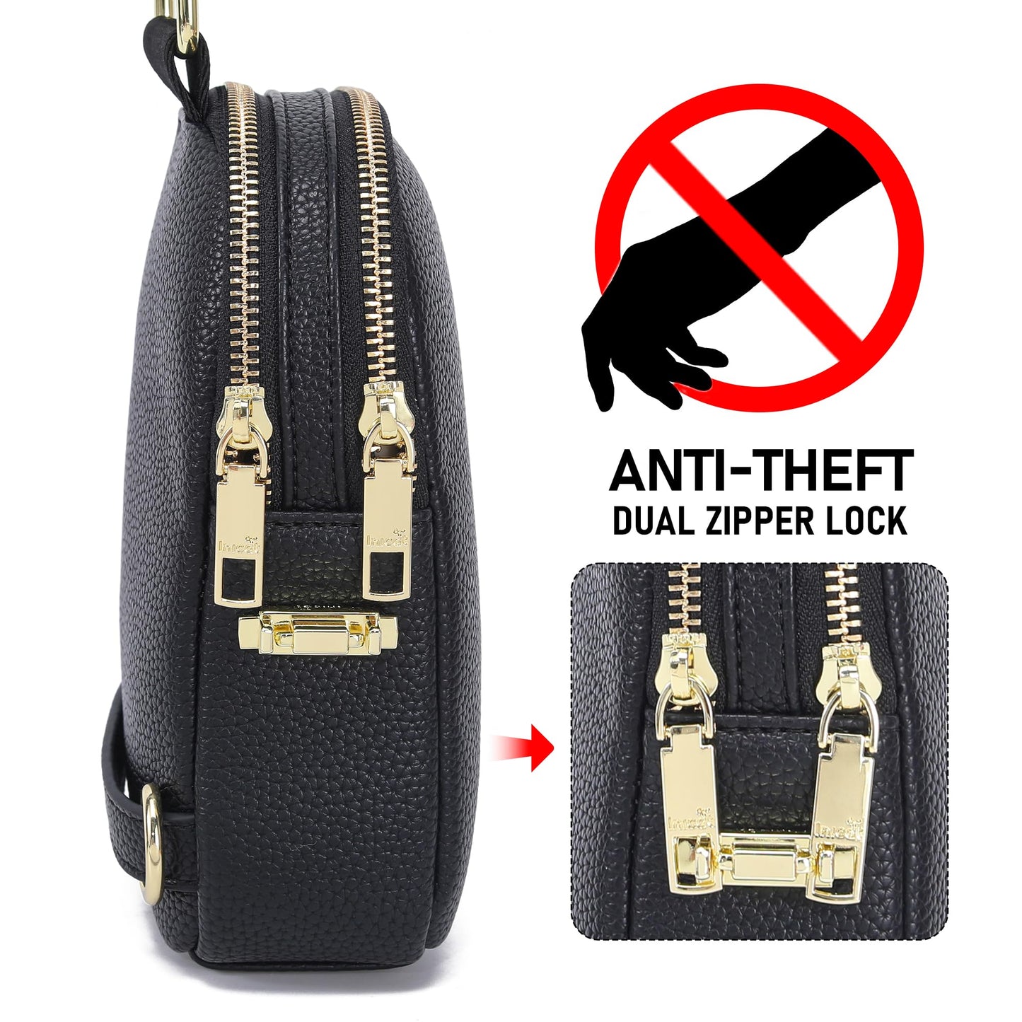 INICAT Anti Theft Crossbody Bag for Women, Small RFID Blocking Sling Purse with Zipper Lock for Travel, Vegan Leather