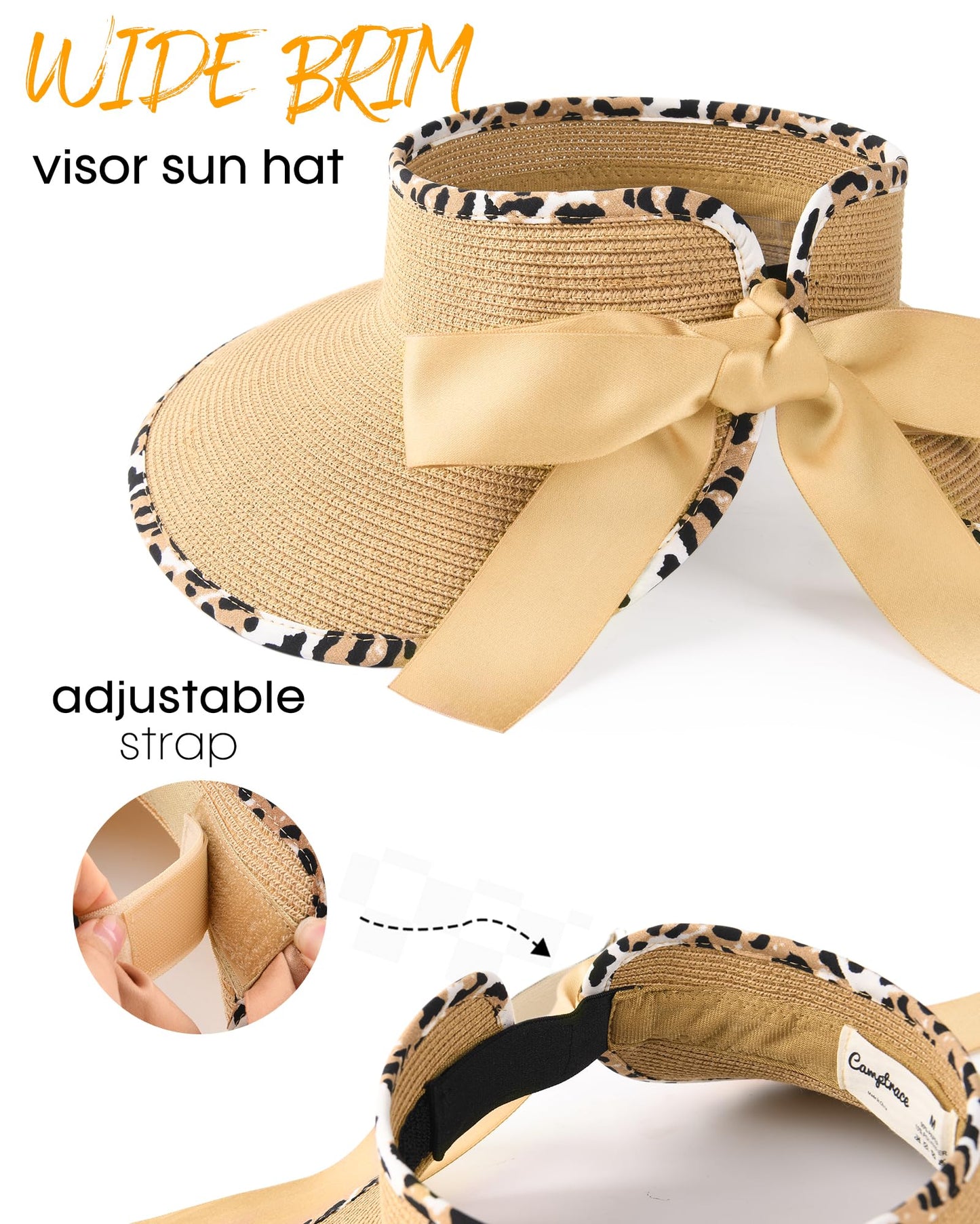 Camptrace Sun Visors for Women Wide Brim Beach Hat Foldable Straw Visor Hat Ponytail Summer Packable UPF 50+