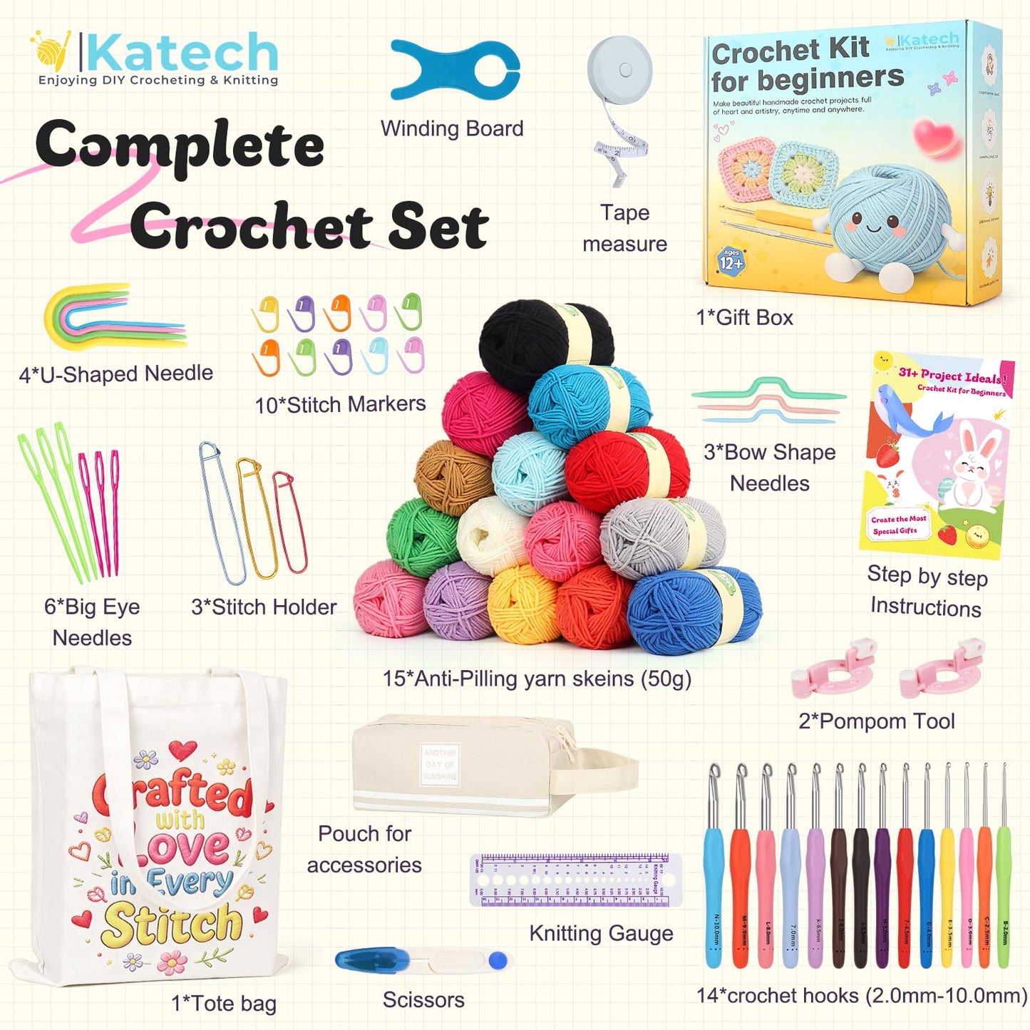 Katech Crochet Kit for Beginners, Beginner Crochet Kit for Adults-Crochet Kits Includes Crochet Hooks Knitting Bag Crochet Yarn for Crocheting Instruction Knitting Kit Crochet Supplies Gift