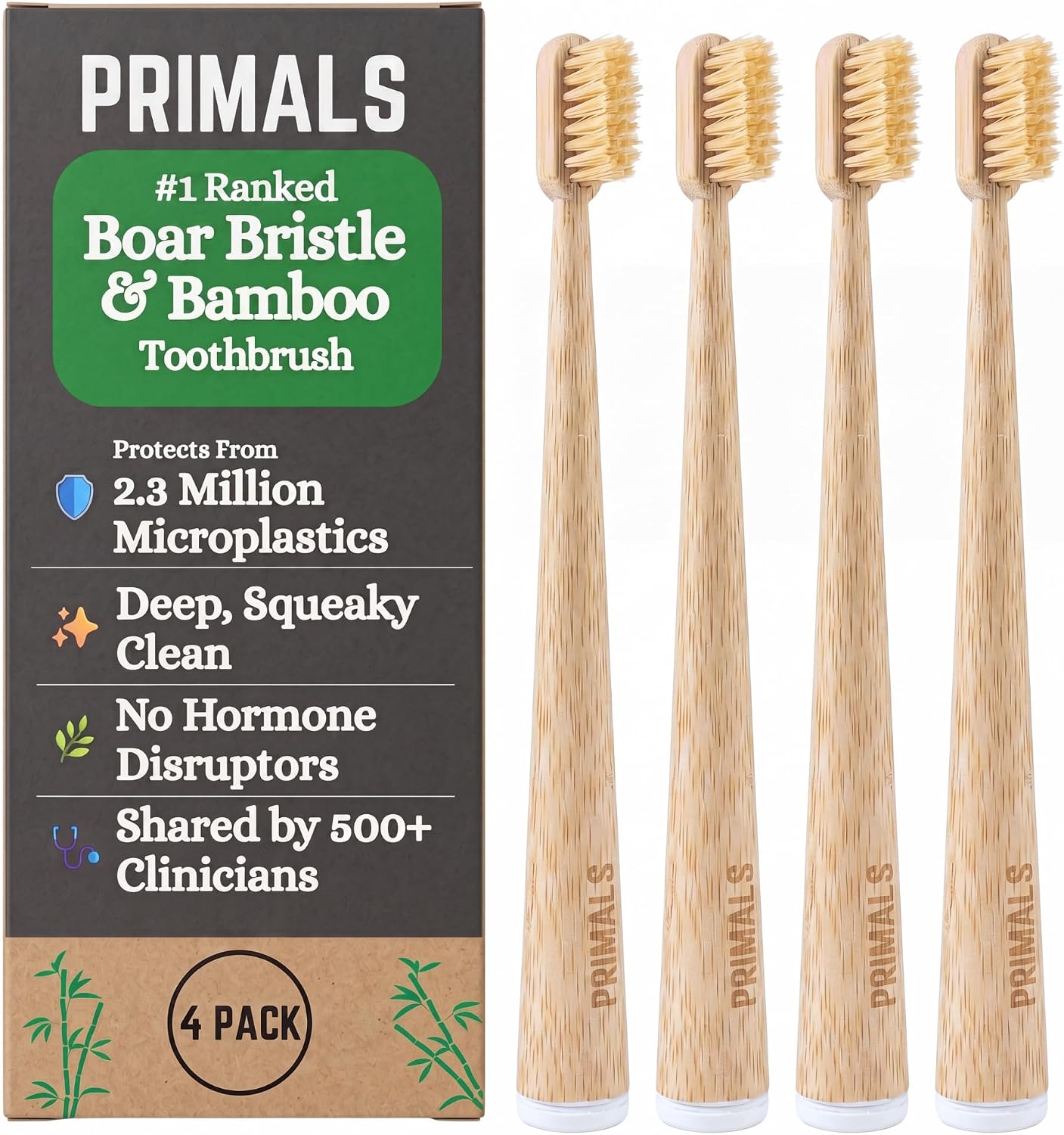 PRIMALS Boar Bristle & Bamboo Toothbrush (4-Pack) - Premium Boar Bristles - Fully Biodegradable - Plastic & Nylon Free - Quick Dry Design