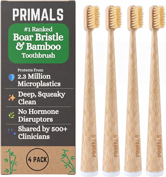 PRIMALS Boar Bristle & Bamboo Toothbrush (4-Pack) - Premium Boar Bristles - Fully Biodegradable - Plastic & Nylon Free - Quick Dry Design