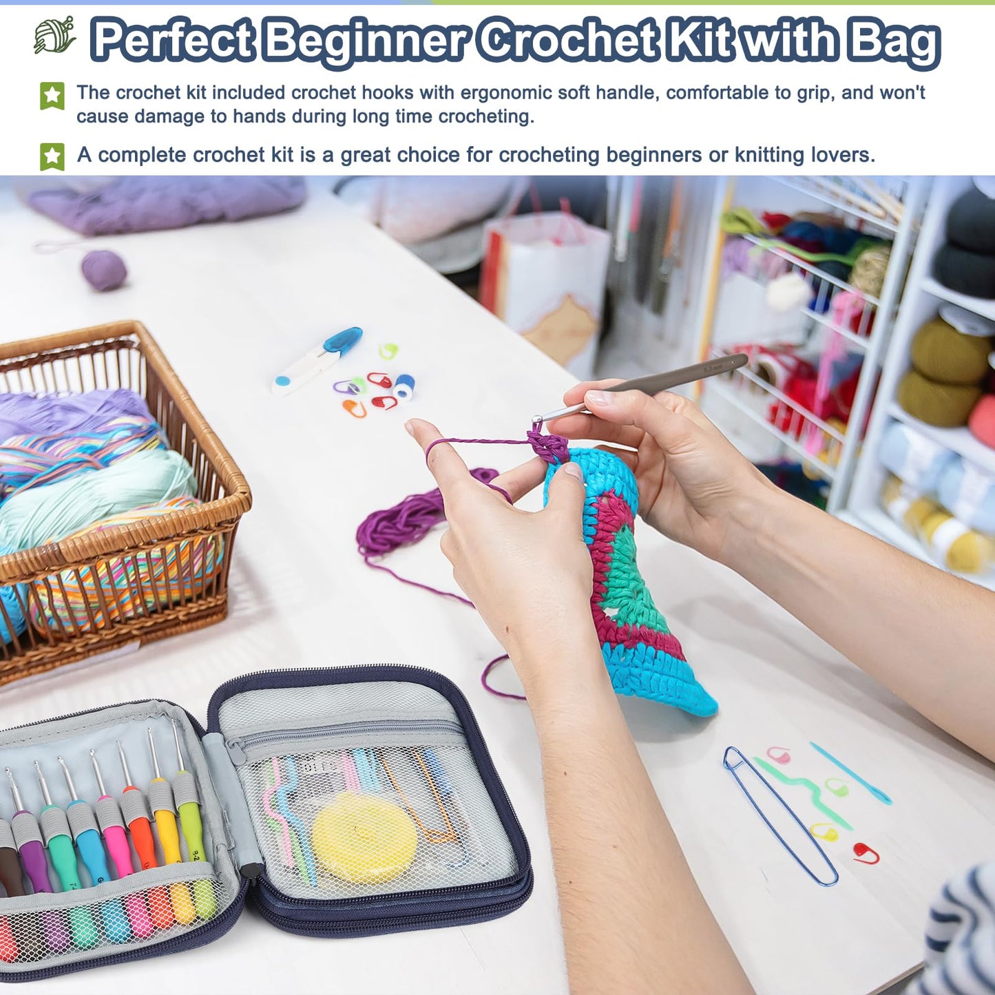 Katech Crochet Kit for Beginners, Beginner Crochet Kit for Adults-Crochet Kits Includes Crochet Hooks Knitting Bag Crochet Yarn for Crocheting Instruction Knitting Kit Crochet Supplies Gift