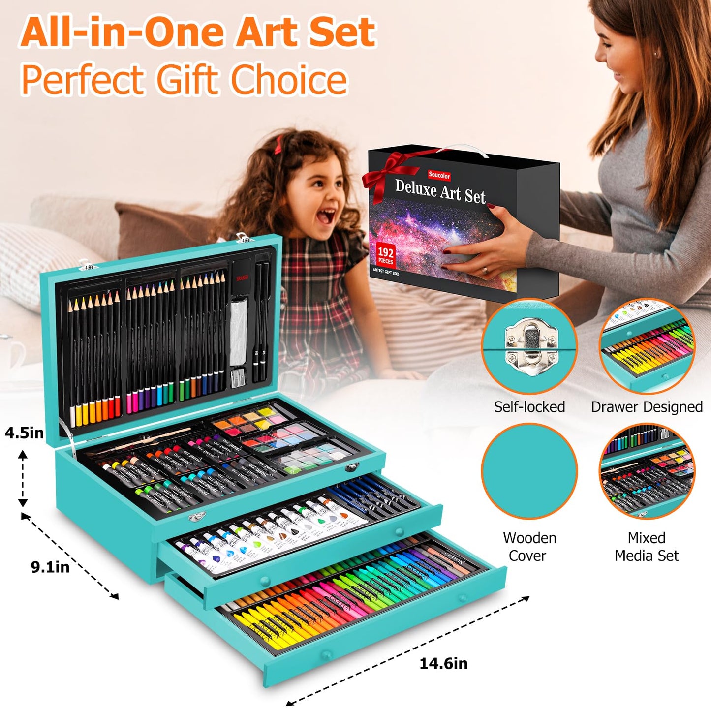 Soucolor Art Supplies, 192-Pack Deluxe Art Set Drawing Painting Supplies Kit with Acrylic Pad, Watercolor Pad, Sketch Book, Canvases, Acrylic Paint, Crayons, Pencils, Gifts for Artist Adults Teen Kids