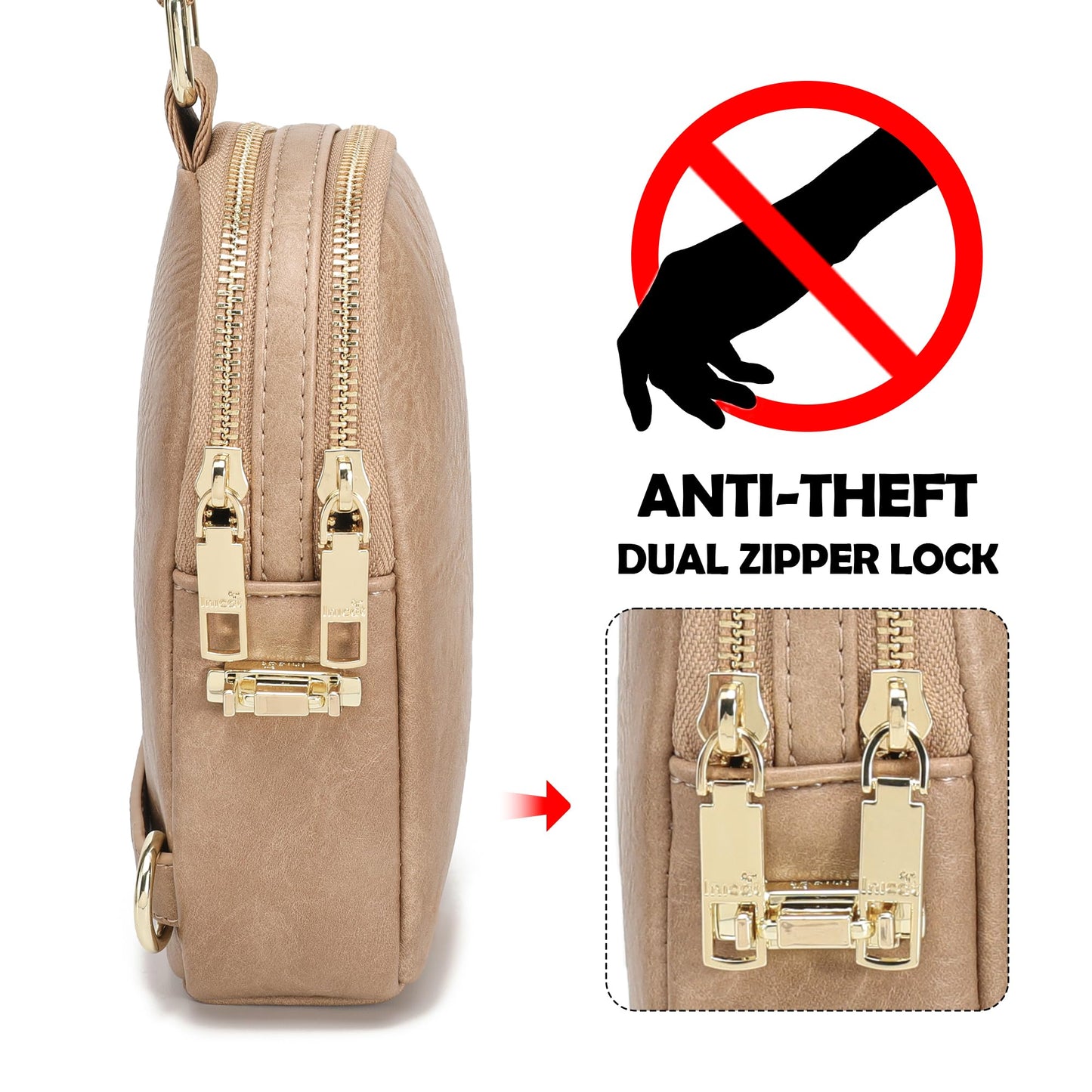 INICAT Anti Theft Crossbody Bag for Women, Small RFID Blocking Sling Purse with Zipper Lock for Travel, Vegan Leather