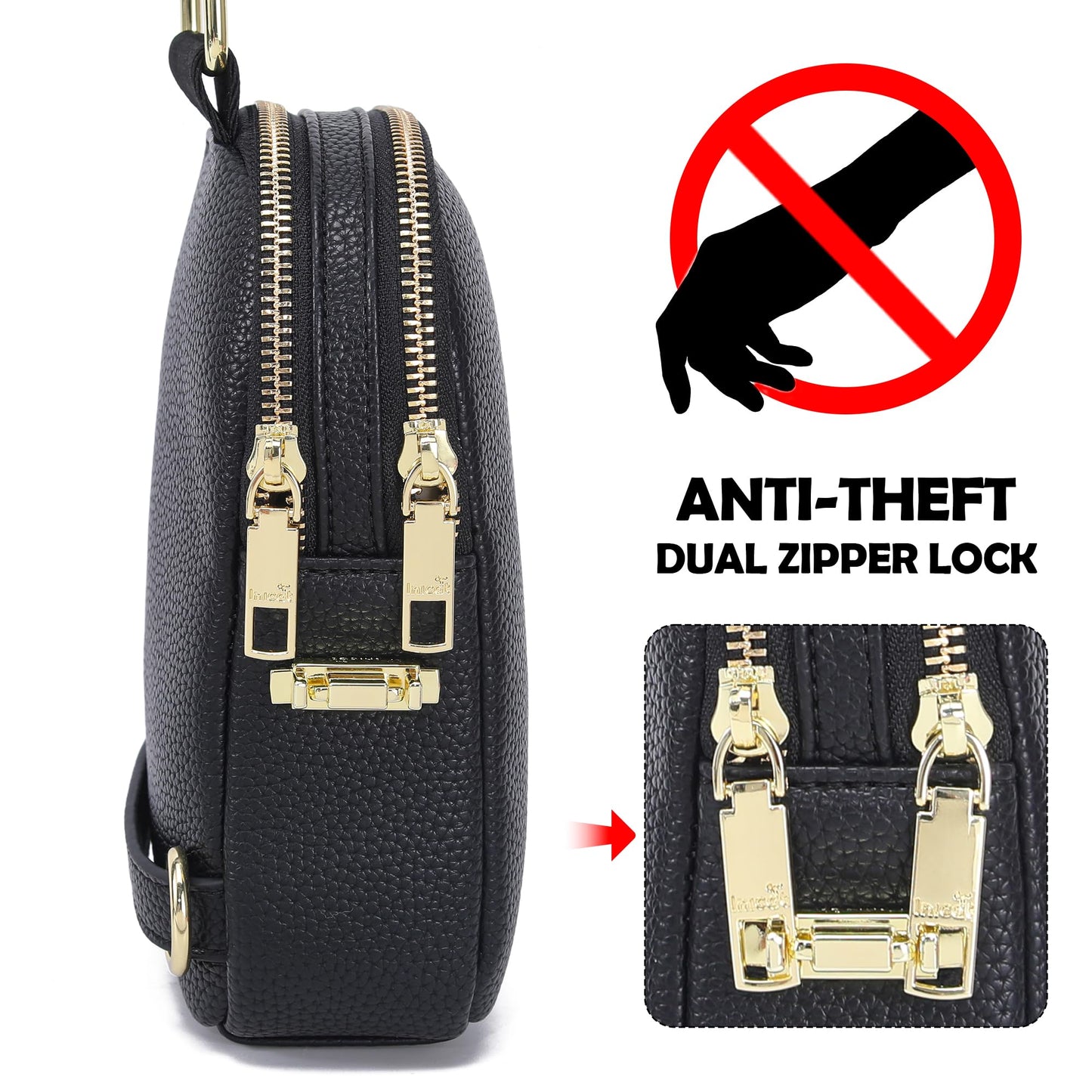 INICAT Anti Theft Crossbody Bag for Women, Small RFID Blocking Sling Purse with Zipper Lock for Travel, Vegan Leather