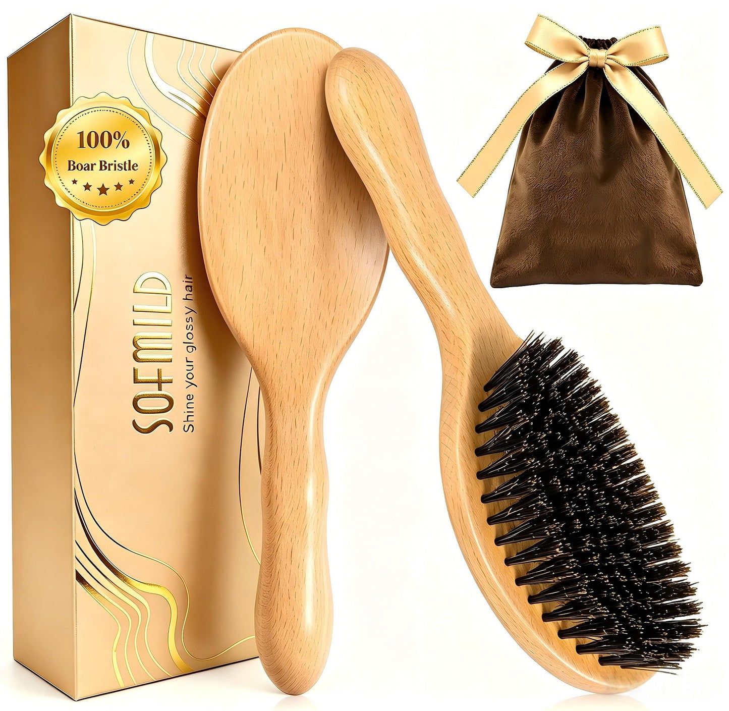 100% Pure Boar Bristle Hair Brush, Handmade Natural Wooden Slick Back Hairbrush for Thin Fine Hair, Gently Detangling Reduce Frizz Smooth Shine for Women Men Kids, Cleaning Comb&Travel Pouch Included