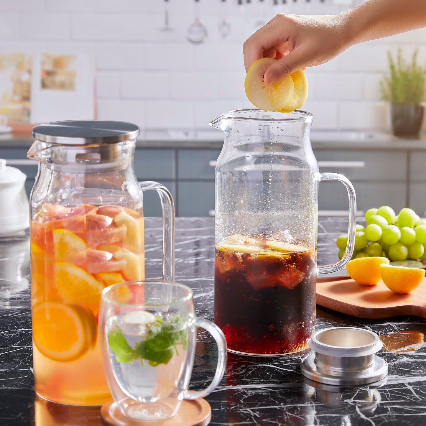 Bivvclaz 2 Liter 68 oz Gold Glass Pitcher with Lid and Handle, Glass Carafe for Hot/Cold Water, Large Iced Tea Pitcher for Coffee, Juice and Homemade Beverage