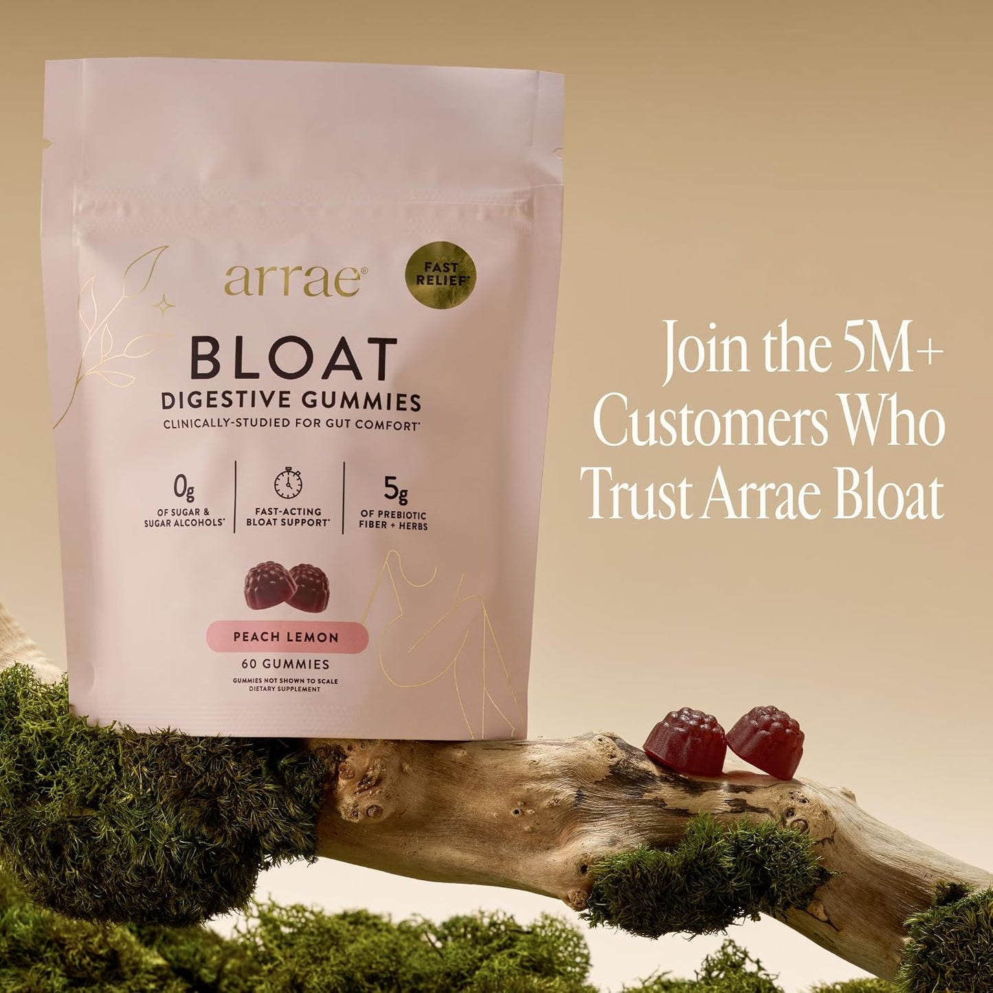 Arrae Bloat Gummies - Sugar-Free Debloat Gummies - Prebiotic Fiber - Peach Lemon Flavor - 60 Count