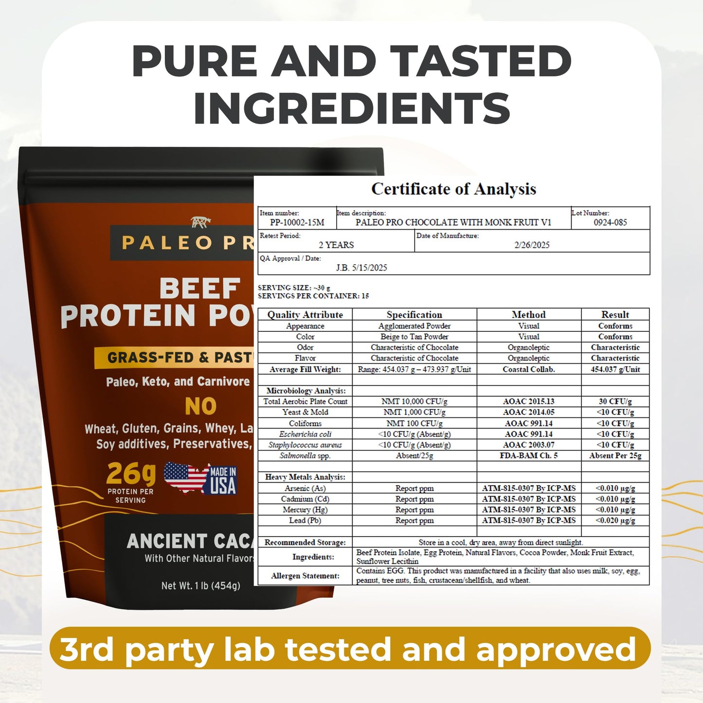Paleo Pro Beef Protein Powder - Grass Fed Protein Powder Isolate - Pure Animal Based Pastured & Cage-Free | Dairy & Gluten Free, Natural and Clean Proteins for Paleo & Keto - 15 Days Supply (Cacao)