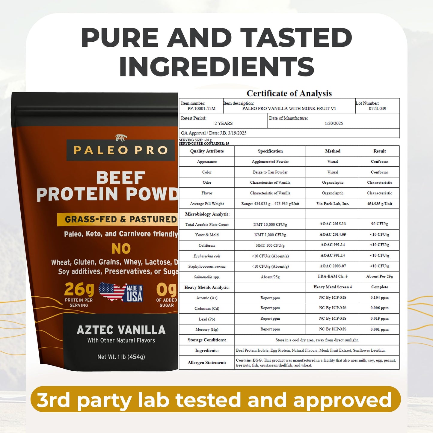 Paleo Pro Beef Protein Powder - Grass Fed Protein Powder Isolate - Pure Animal Based Pastured & Cage-Free | Dairy & Gluten Free, Natural and Clean Proteins for Paleo & Keto - 15 Days Supply (Cacao)
