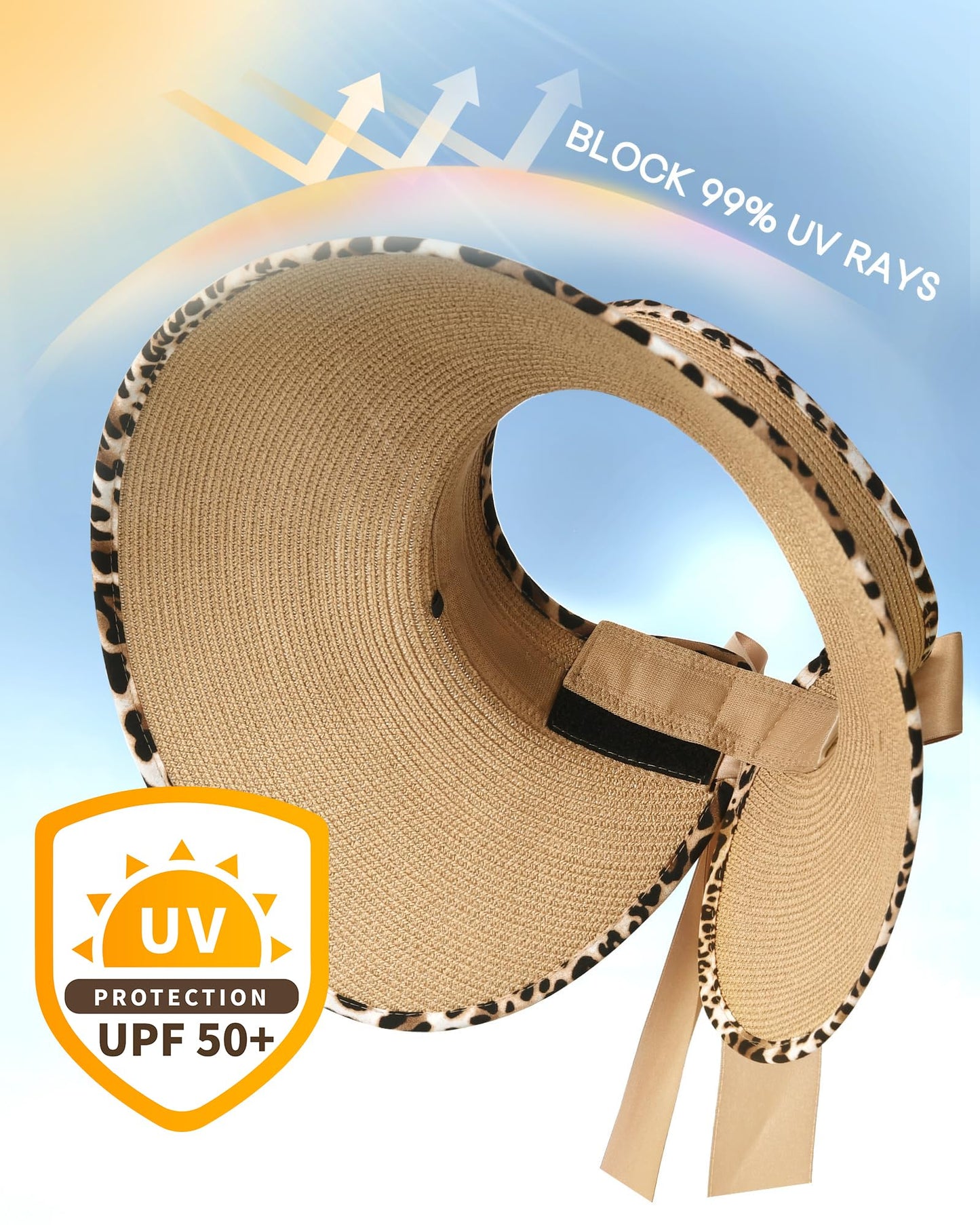 Camptrace Sun Visors for Women Wide Brim Beach Hat Foldable Straw Visor Hat Ponytail Summer Packable UPF 50+