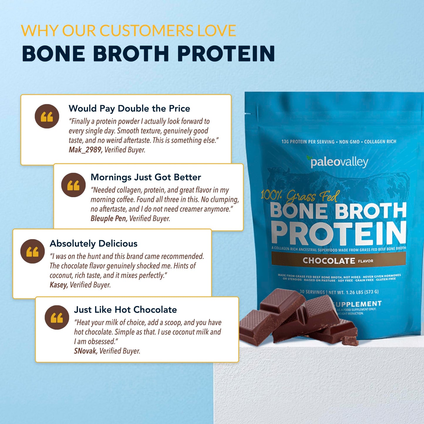 Paleovalley 100% Grass Fed Beef Bone Broth Protein Powder - Rich in Collagen Peptides for Hair, Skin, Gut Health, Bone and Joint Support - 13g Protein Per Serving - No Gluten or GMOs - Chocolate