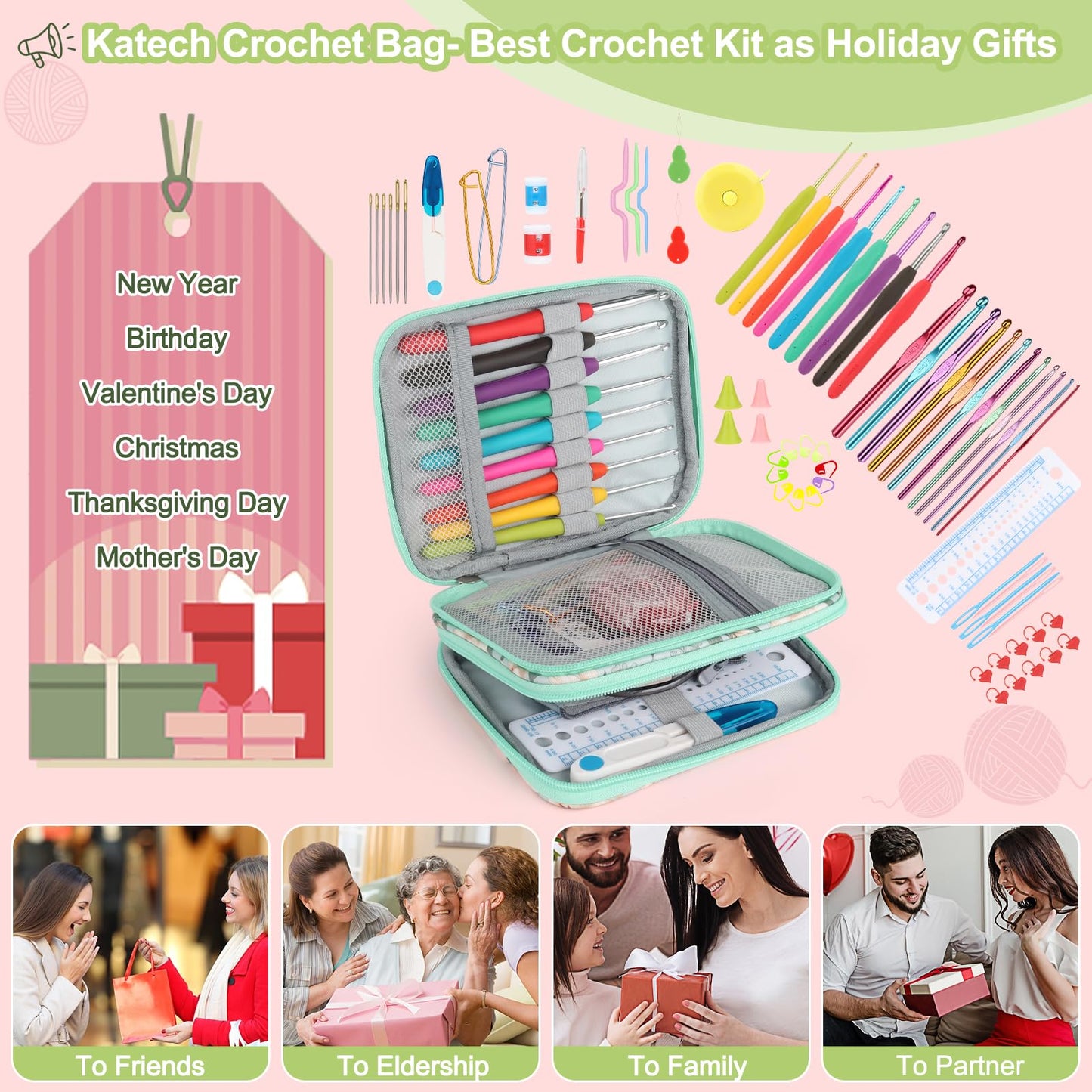 Katech Crochet Kit for Beginners, Beginner Crochet Kit for Adults-Crochet Kits Includes Crochet Hooks Knitting Bag Crochet Yarn for Crocheting Instruction Knitting Kit Crochet Supplies Gift