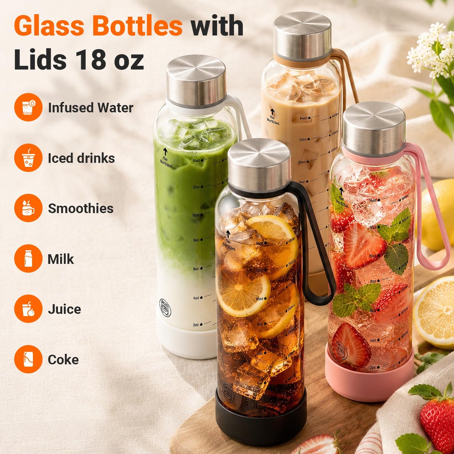 Sursip [10 Pack] 18 oz Glass Water Bottles with Lids, Juice Bottles, Clear glass juice bottle for juicing, Eco-Friendly Reusable Glass Juicing Bottles with Stainless Steel Lid, BPA Free,Leak-Proof