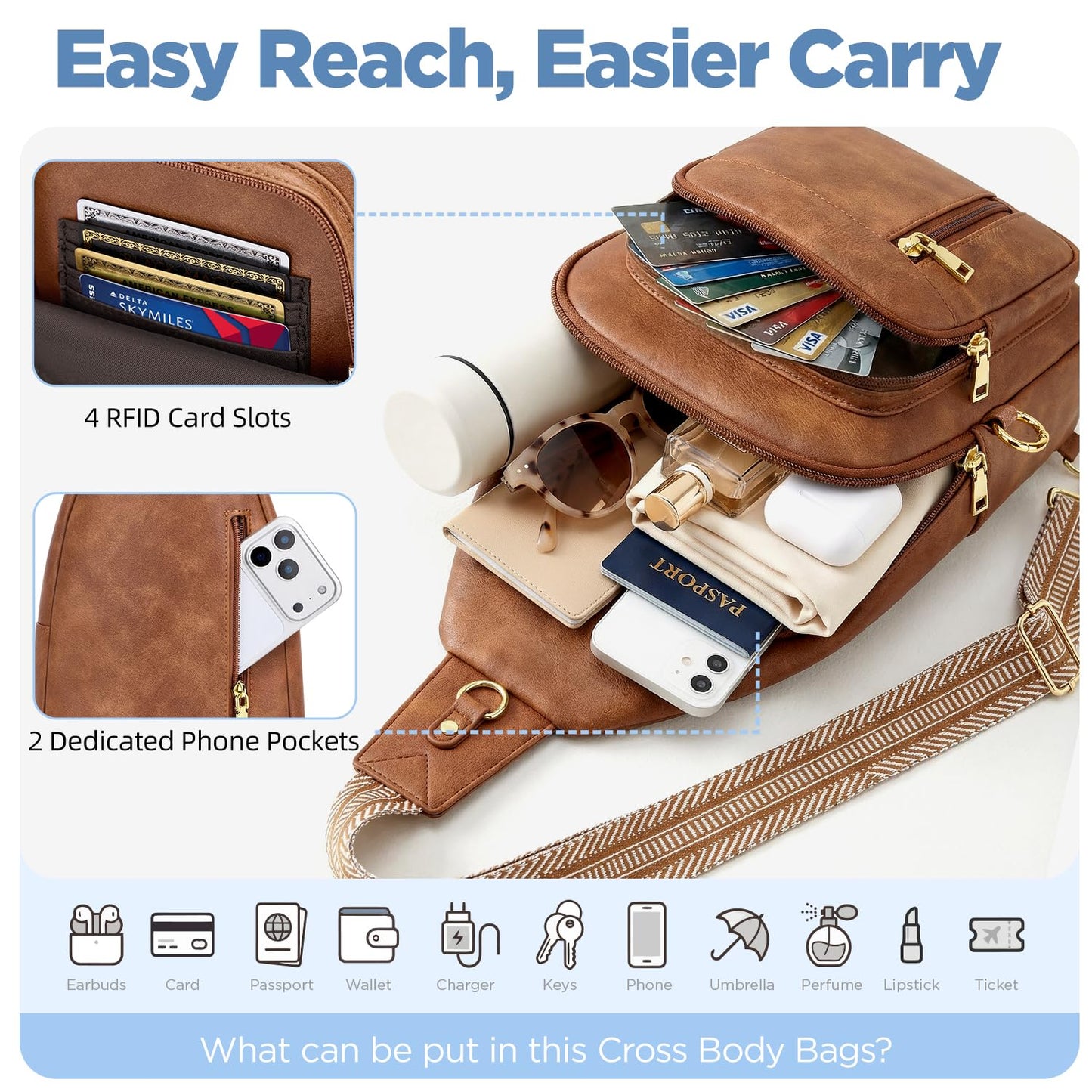Anti Theft Crossbody Bags for Women RFID Sling Bag, Vegan Leather Cross Body Travel Purse for Women Men