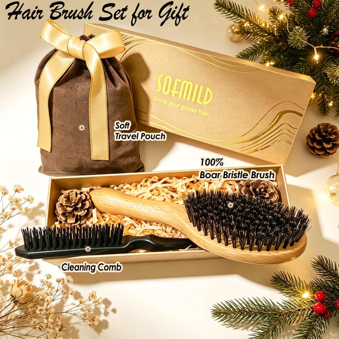 100% Pure Boar Bristle Hair Brush, Handmade Natural Wooden Slick Back Hairbrush for Thin Fine Hair, Gently Detangling Reduce Frizz Smooth Shine for Women Men Kids, Cleaning Comb&Travel Pouch Included