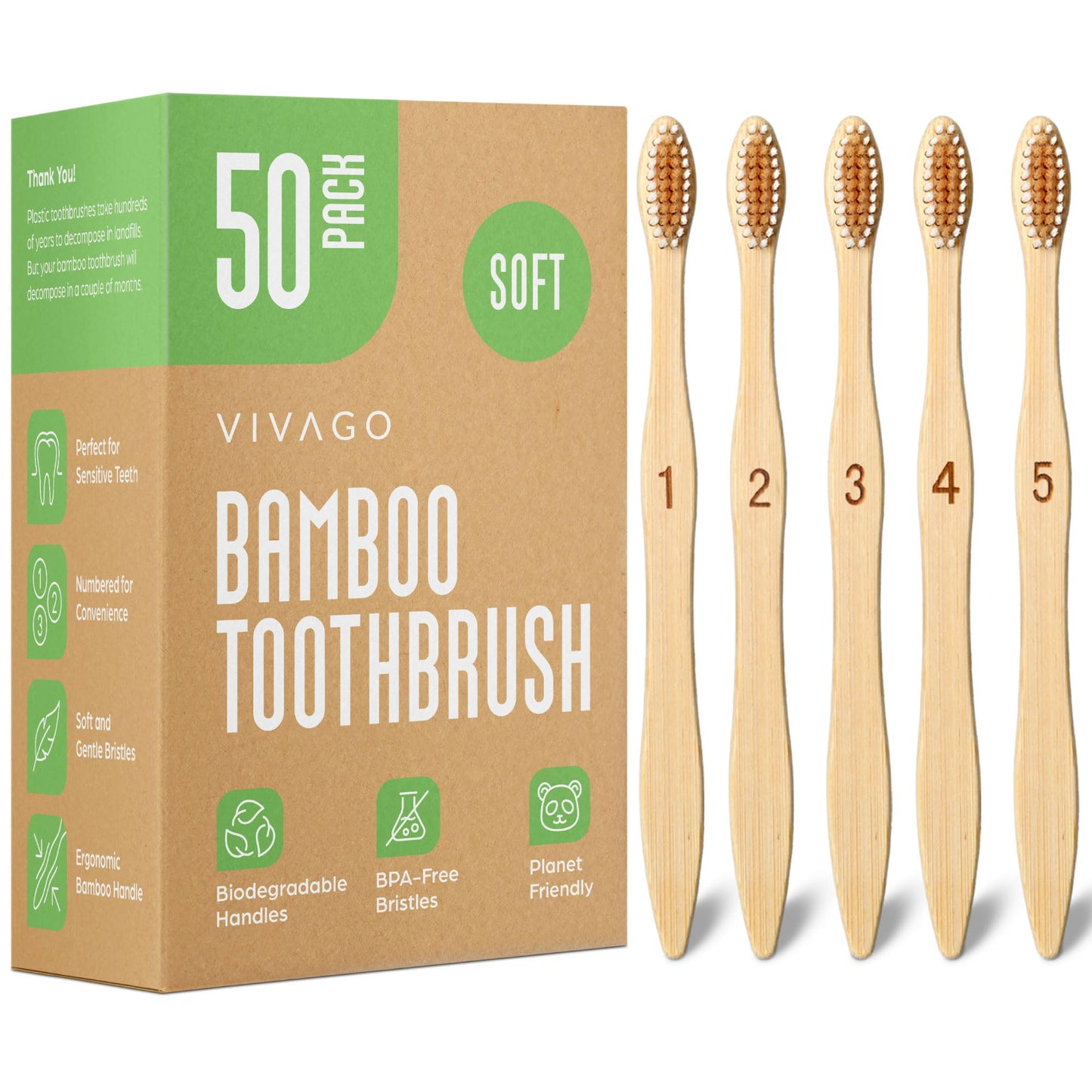 VIVAGO Bamboo Toothbrushes 10 Pack - BPA Free Soft Bristles Toothbrushes, Eco-Friendly, Natural Wooden Toothbrush