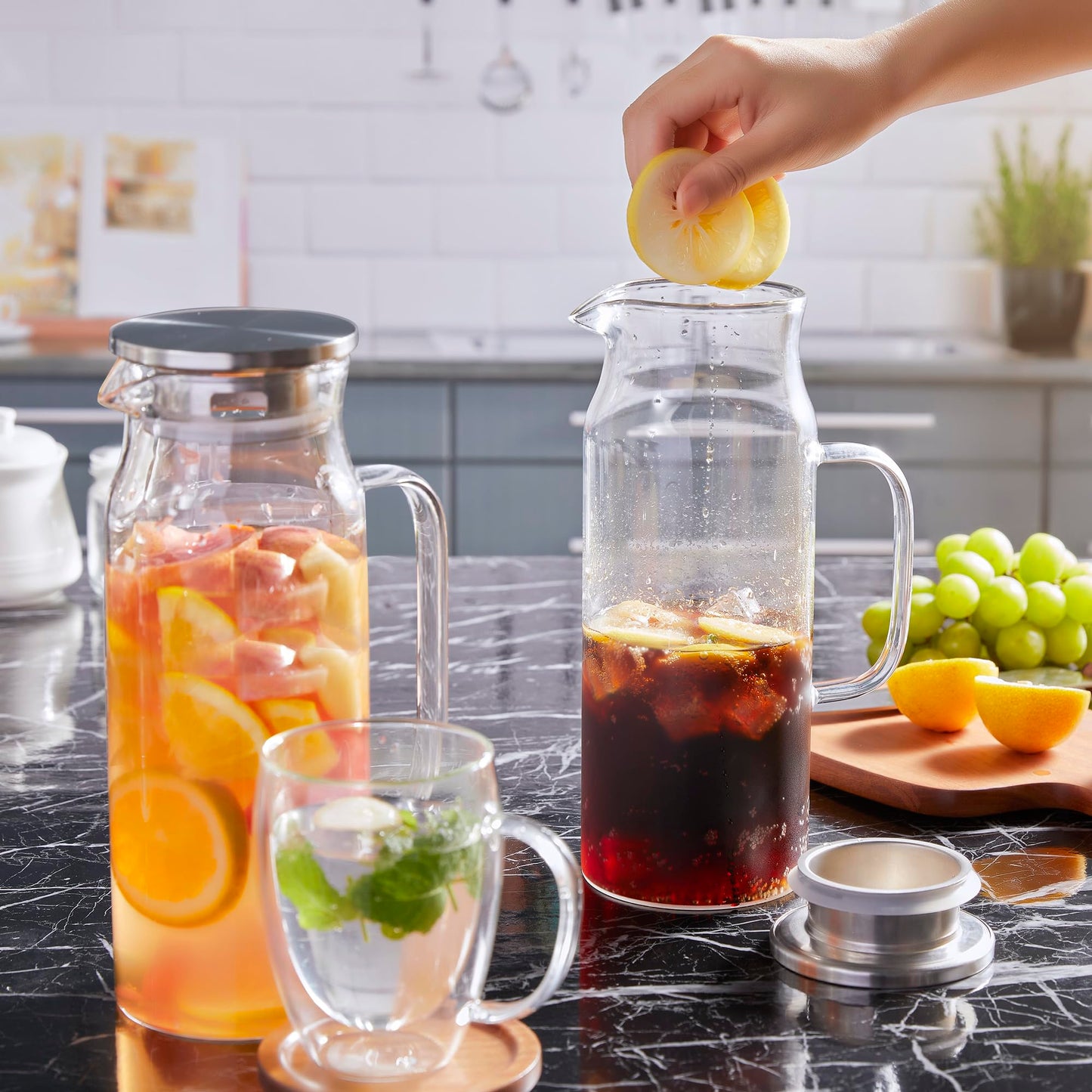 Bivvclaz 2 Liter 68 oz Gold Glass Pitcher with Lid and Handle, Glass Carafe for Hot/Cold Water, Large Iced Tea Pitcher for Coffee, Juice and Homemade Beverage