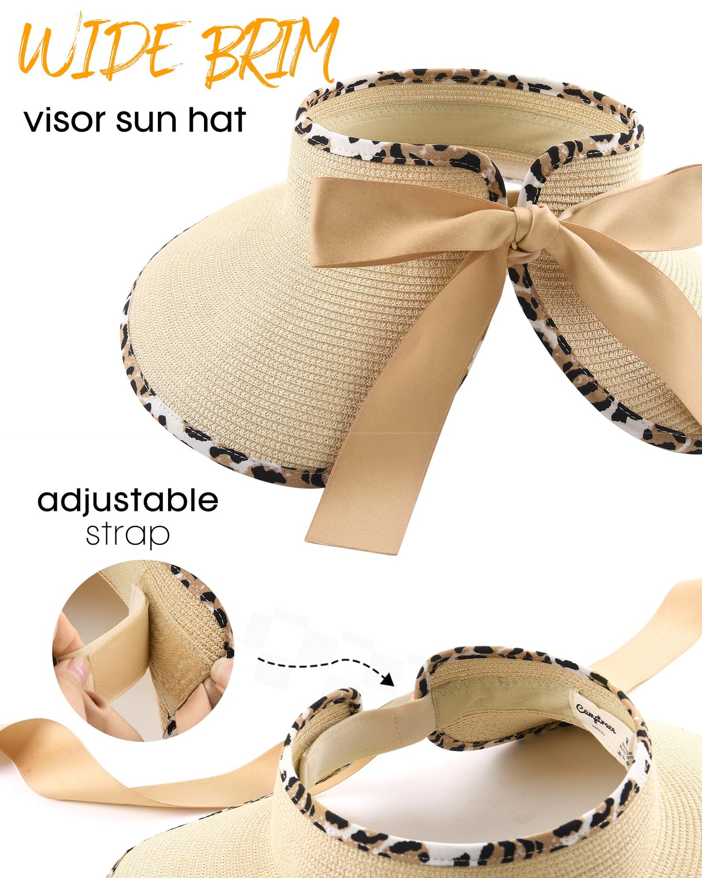 Camptrace Sun Visors for Women Wide Brim Beach Hat Foldable Straw Visor Hat Ponytail Summer Packable UPF 50+