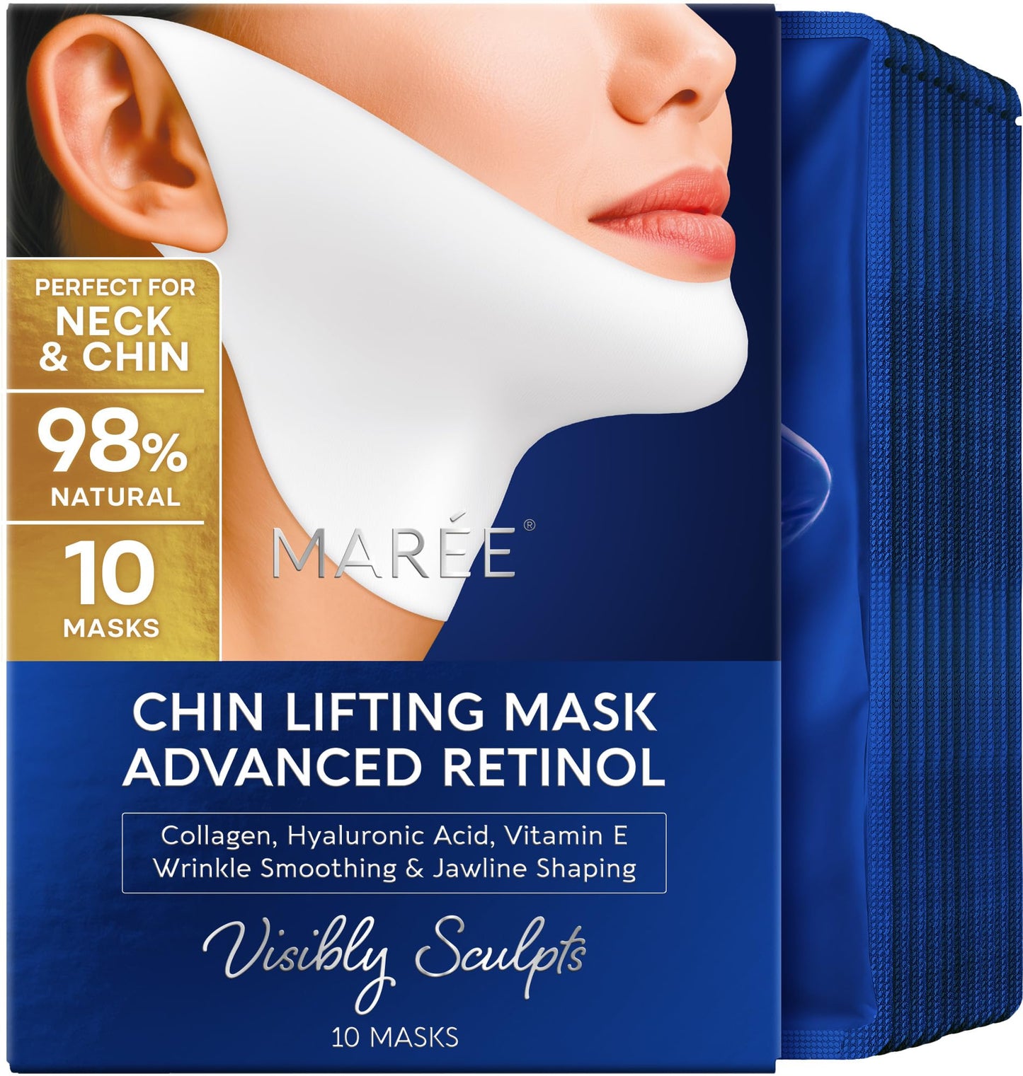 MAREE V Line Lifting Mask with 24K Gold – Deep Collagen Face Mask for Women – Jawline Shaper Mask with Retinol & Hyaluronic Acid – Neck Tightening & Firming - Double Chin Strap for Face Lift