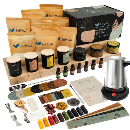 SoftOwl Premium Soy Candle Making Kit - Full Set - Soy Wax, Big 7oz Jars & Tins, 7 Pleasant Scents, Color Dyes & More - Perfect as Home Decorations - DIY Starter Scented Candles Making Kit