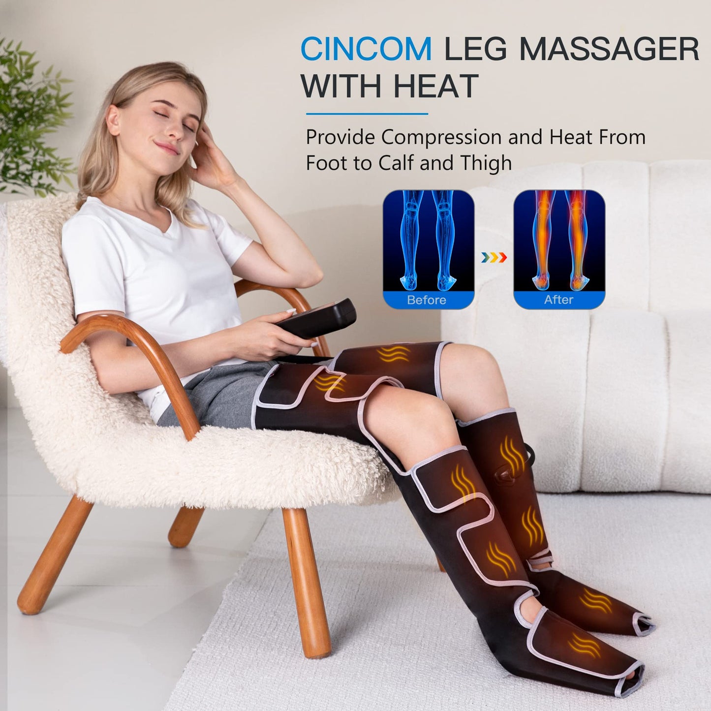 CINCOM Leg Massager with Heat and Compression, 3-in-1 Foot Calf & Thigh Massager for Circulation and Pain Relief Helpful for Lymphedema Edema Restless and Relaxation FSA - HSA