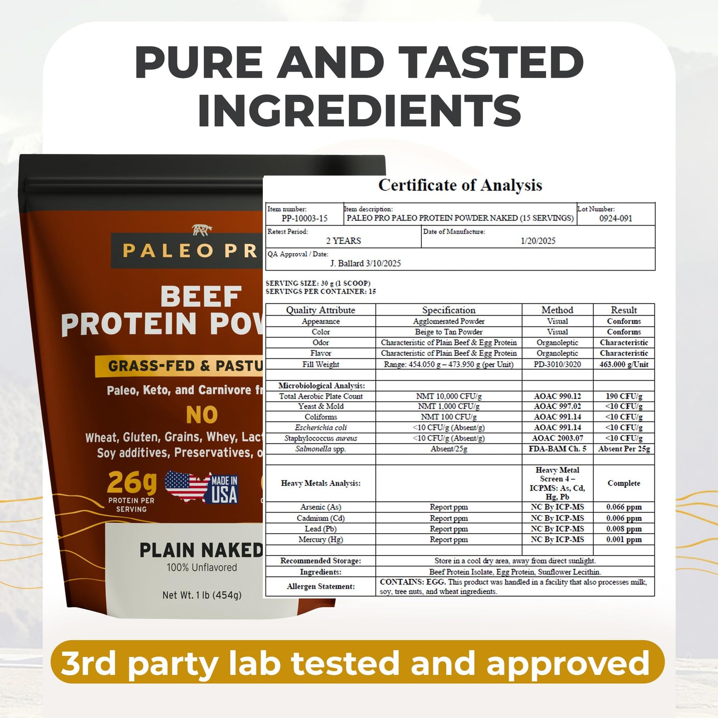 Paleo Pro Beef Protein Powder - Grass Fed Protein Powder Isolate - Pure Animal Based Pastured & Cage-Free | Dairy & Gluten Free, Natural and Clean Proteins for Paleo & Keto - 15 Days Supply (Cacao)