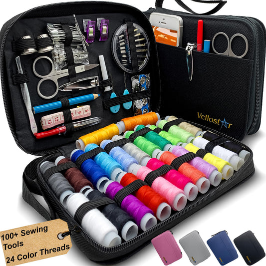 Vellostar Sewing Kit for Adults & Beginners – Portable Needle & Thread Travel Kit w/ 24 Thread Colors, Needles, Scissors & Sewing Supplies for Emergency Clothing Repairs, Buttons, & Home Mending