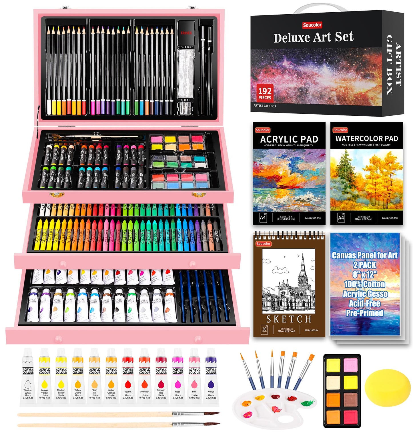 Soucolor Art Supplies, 192-Pack Deluxe Art Set Drawing Painting Supplies Kit with Acrylic Pad, Watercolor Pad, Sketch Book, Canvases, Acrylic Paint, Crayons, Pencils, Gifts for Artist Adults Teen Kids