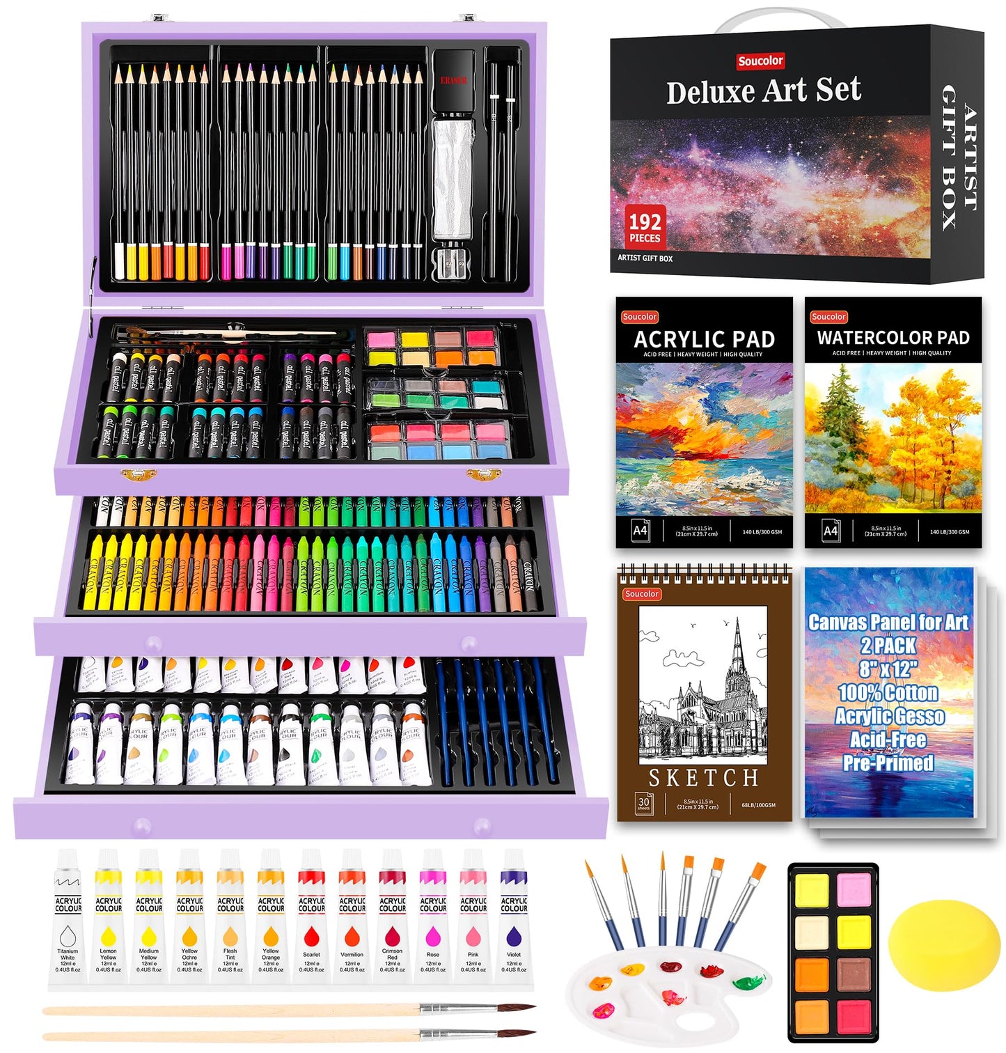 Soucolor Art Supplies, 192-Pack Deluxe Art Set Drawing Painting Supplies Kit with Acrylic Pad, Watercolor Pad, Sketch Book, Canvases, Acrylic Paint, Crayons, Pencils, Gifts for Artist Adults Teen Kids