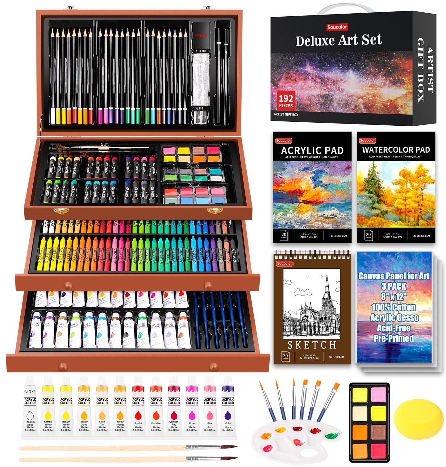 Soucolor Art Supplies, 192-Pack Deluxe Art Set Drawing Painting Supplies Kit with Acrylic Pad, Watercolor Pad, Sketch Book, Canvases, Acrylic Paint, Crayons, Pencils, Gifts for Artist Adults Teen Kids