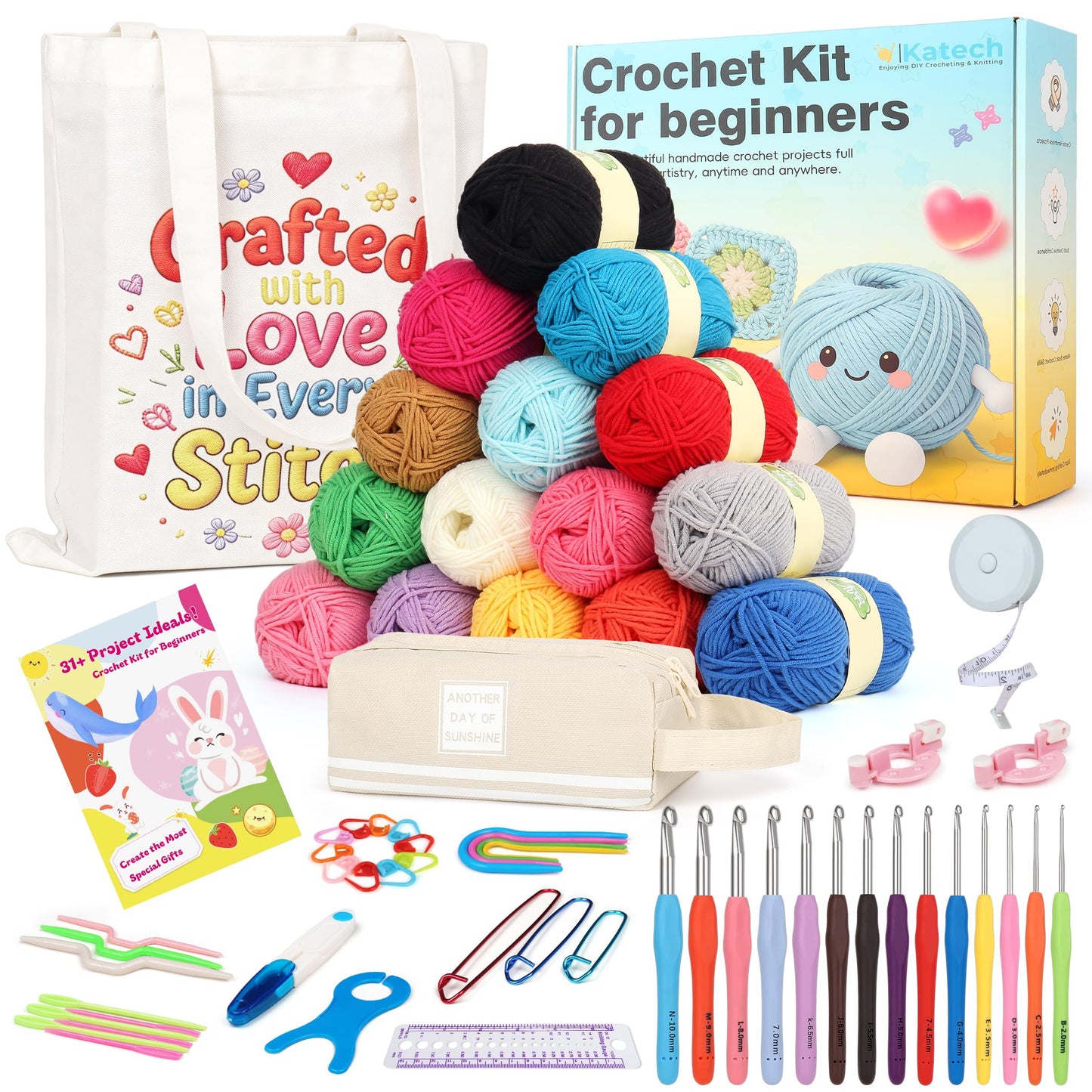 Katech Crochet Kit for Beginners, Beginner Crochet Kit for Adults-Crochet Kits Includes Crochet Hooks Knitting Bag Crochet Yarn for Crocheting Instruction Knitting Kit Crochet Supplies Gift
