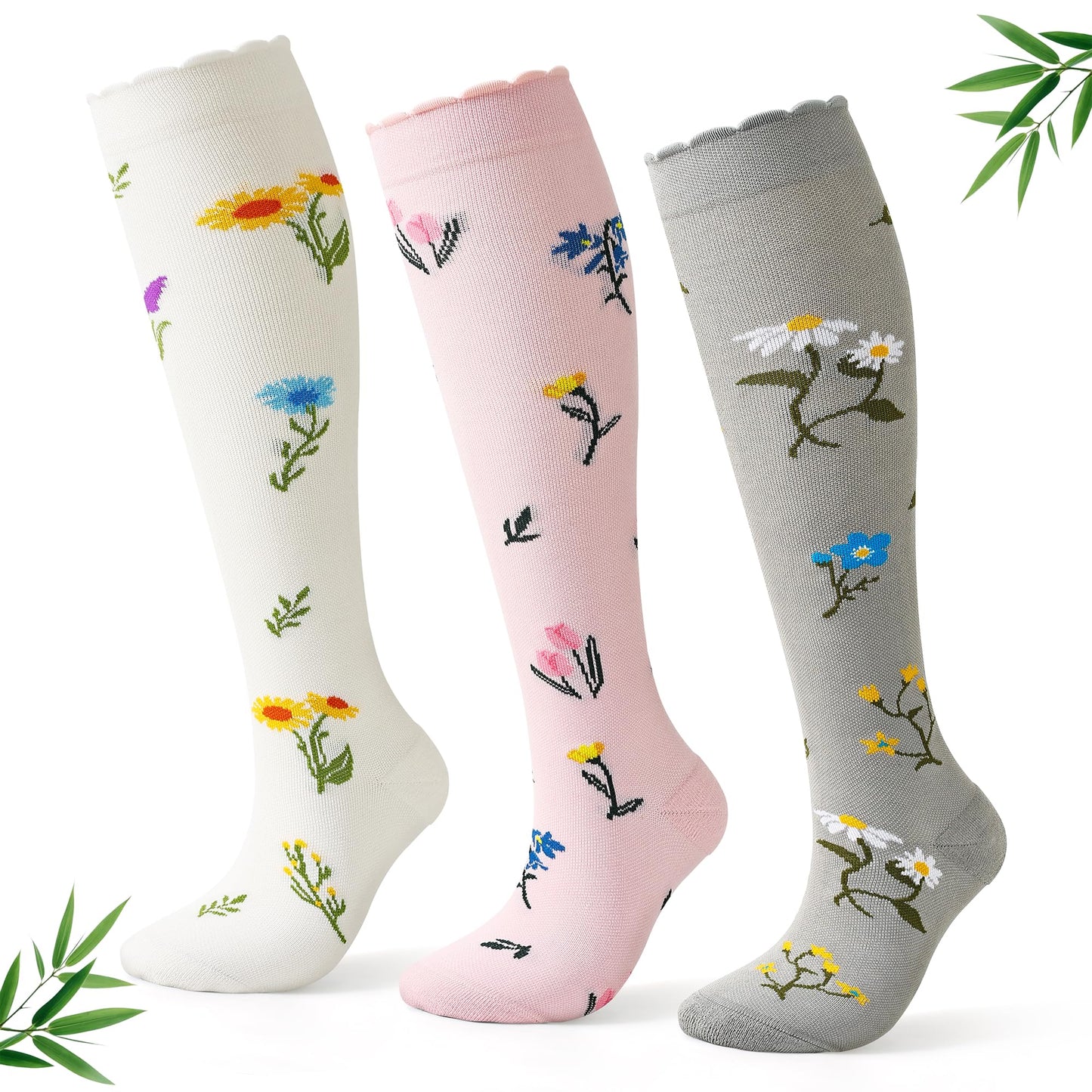 Jeasona Bamboo Viscose Compression Socks for Women 15-20 mmHg 3 Pack Cute Socks for Travel Nurses Pregnancy Daily Wear