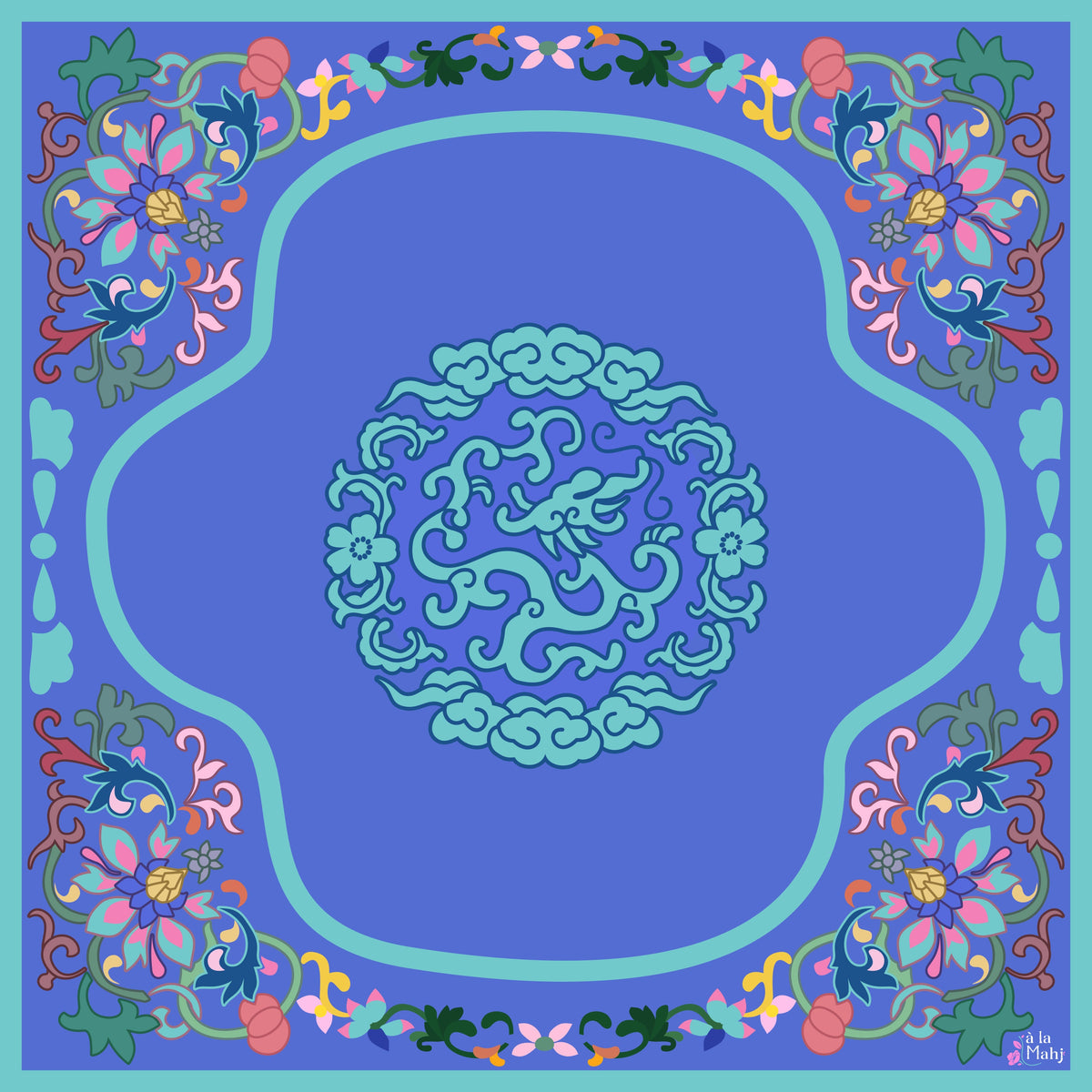 Brocade in Bloom periwinkle and teal mahjong mat from Maison Creole Compass