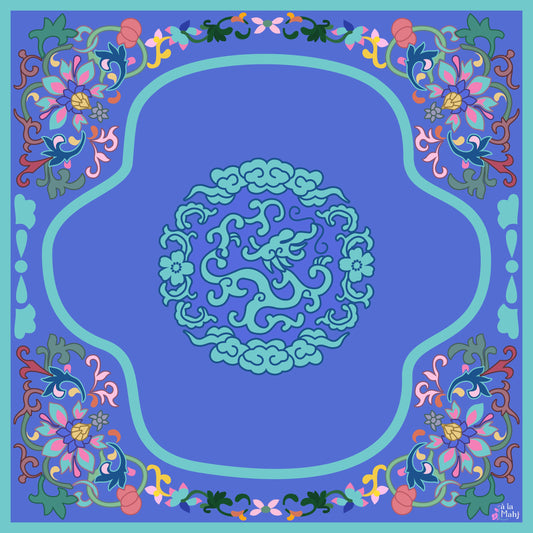 Brocade in Bloom periwinkle and teal mahjong mat from Maison Creole Compass