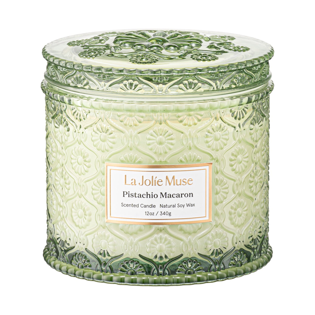 Pistachio Macaron 12 oz luxury candle in embossed glass from Maison Creole Compass